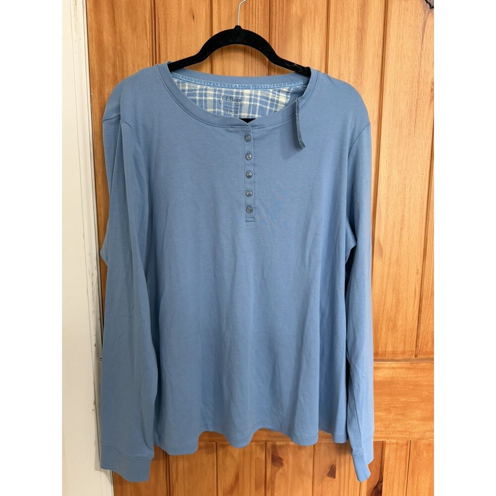 LL Bean Pajama Top Women 1X Plus Soft Blue Henley Plaid Regular Fit